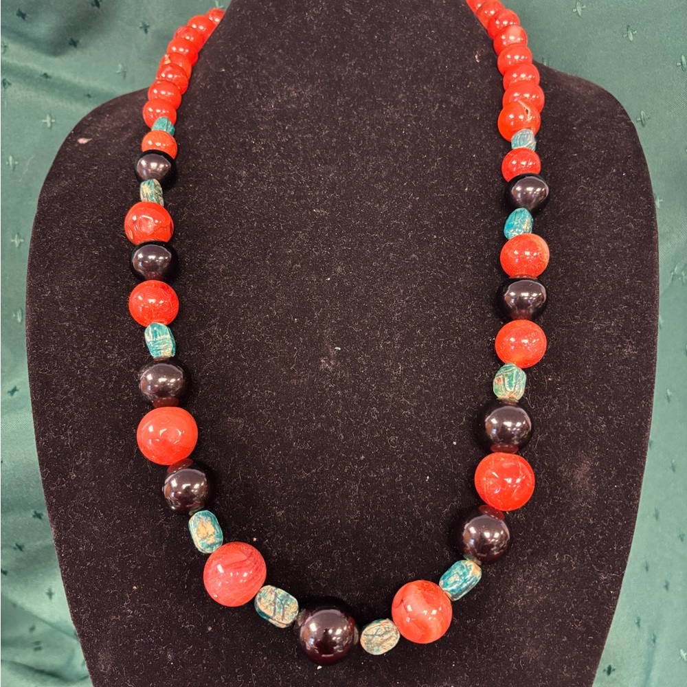 Carnelian, Black & Turquoise  glazed scarabs Beaded Statement Necklace